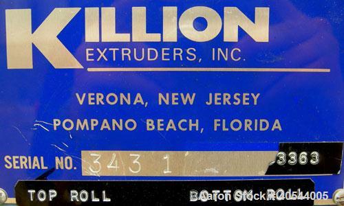 Used Killion 3 roll sheet stack. (3) 5" diameter x 8" wide chrome plated cored rolls, pneumatically adjustable, (1) 5" diameter x 8" wide chrome, (1) 5" diameter x 8" wide rubber pull roll, pneumatic...