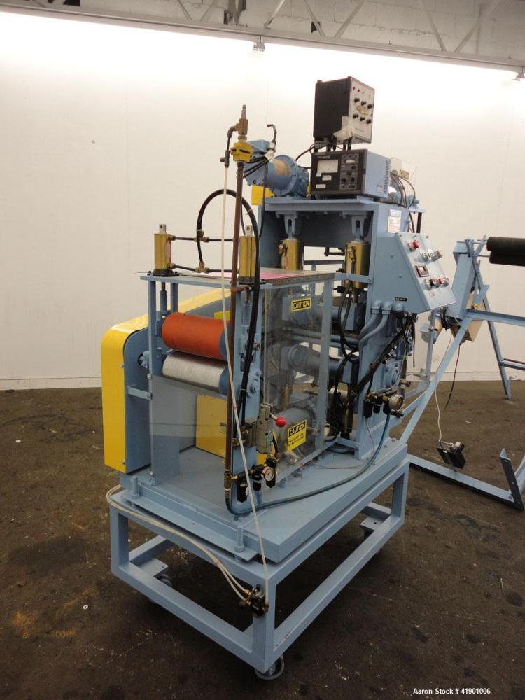 Used Killion 3 roll sheet stack with (3) top mounted pull rolls, (1) 4-1/2'' diameter x 10'' wide rubber roll, and (2) 4'' diameter x 10'' wide adhesive rolls, driven by a 1/4 hp DC gear motor, (3) m...
