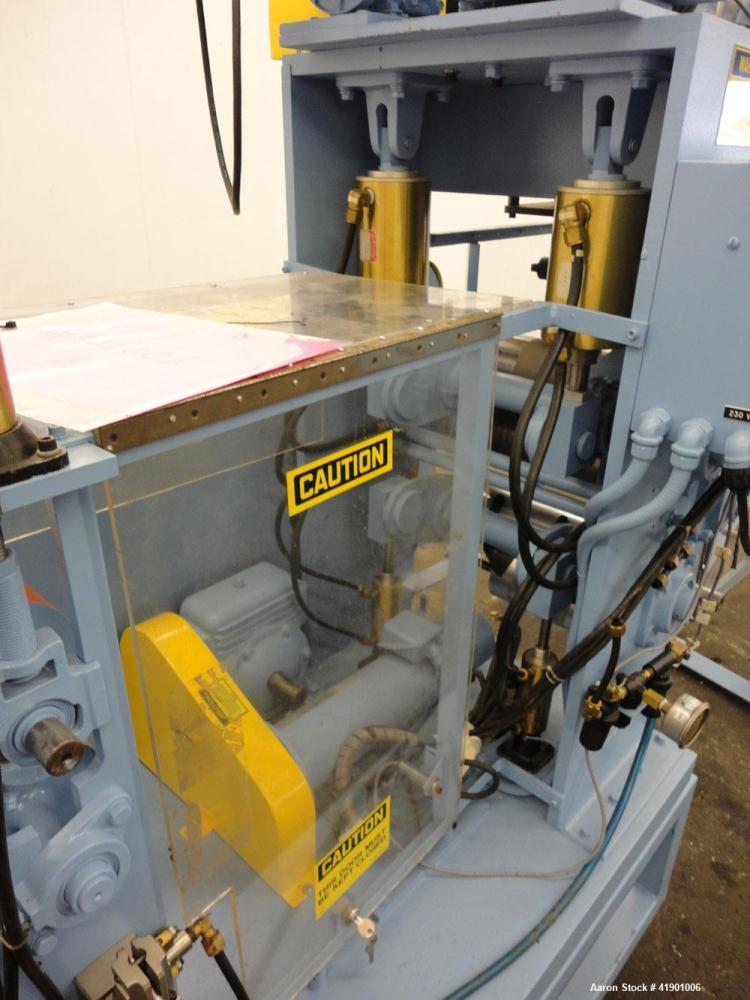 Used Killion 3 roll sheet stack with (3) top mounted pull rolls, (1) 4-1/2'' diameter x 10'' wide rubber roll, and (2) 4'' diameter x 10'' wide adhesive rolls, driven by a 1/4 hp DC gear motor, (3) m...