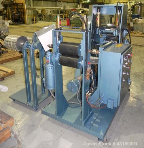 Used Killion 3 Roll Sheet Stack. (3) 10" Diameter x 10" wide chrome plated cored rolls, pneumatically adjustable. Driven by a 2 hp, 180 volt, 1750/2050 rpm DC gear motor, ratio 60 to 1.  (1) Pull rol...