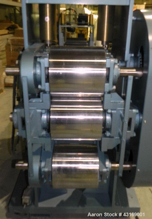 Used Killion 3 Roll Sheet Stack. (3) 10" Diameter x 10" wide chrome plated cored rolls, pneumatically adjustable. Driven by a 2 hp, 180 volt, 1750/2050 rpm DC gear motor, ratio 60 to 1.  (1) Pull rol...