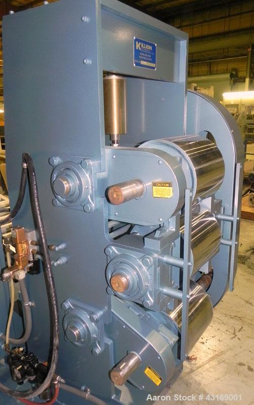 Used Killion 3 Roll Sheet Stack. (3) 10" Diameter x 10" wide chrome plated cored rolls, pneumatically adjustable. Driven by a 2 hp, 180 volt, 1750/2050 rpm DC gear motor, ratio 60 to 1.  (1) Pull rol...