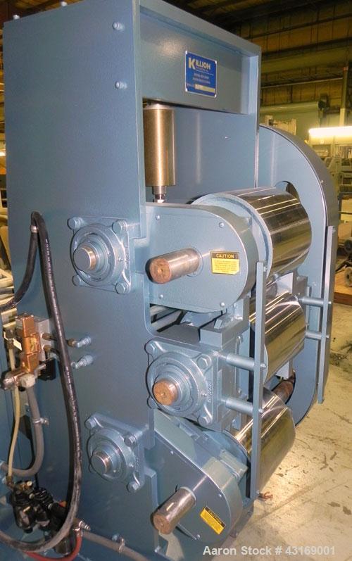 Used- Killion 3 Roll Sheet Stack. (3) 10" Diameter x 10" wide chrome plated cored rolls, pneumatically adjustable. Driven by...