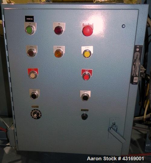 Used Killion 3 Roll Sheet Stack. (3) 10" Diameter x 10" wide chrome plated cored rolls, pneumatically adjustable. Driven by a 2 hp, 180 volt, 1750/2050 rpm DC gear motor, ratio 60 to 1.  (1) Pull rol...