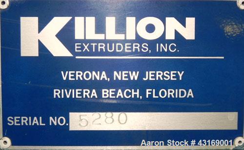 Used Killion 3 Roll Sheet Stack. (3) 10" Diameter x 10" wide chrome plated cored rolls, pneumatically adjustable. Driven by a 2 hp, 180 volt, 1750/2050 rpm DC gear motor, ratio 60 to 1.  (1) Pull rol...