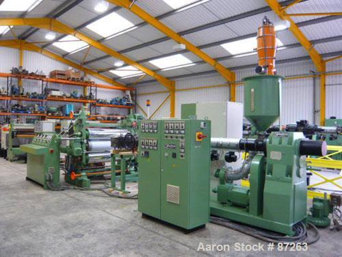 USED: Kuhne 46.8" (1200mm) sheet line with a capacity of 550-600 lbs/250-300 kgs of PS per hour consisting of: (1) feeding/blending system; (1) Kuhne single screw extruder, type K-70-30D, 30:1 L/D, 2...