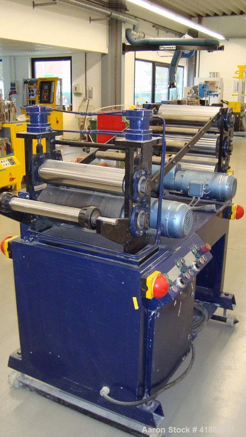 Used Leistriz Lab Size 3 Roll Sheet Stack. (3) 5.85" diameter x 15.6" straight side, 2 fixed and 1 removable chromed rolls, steam heated rolls. Includes downstream/haul-off. (2) Gearboxes driven by (...