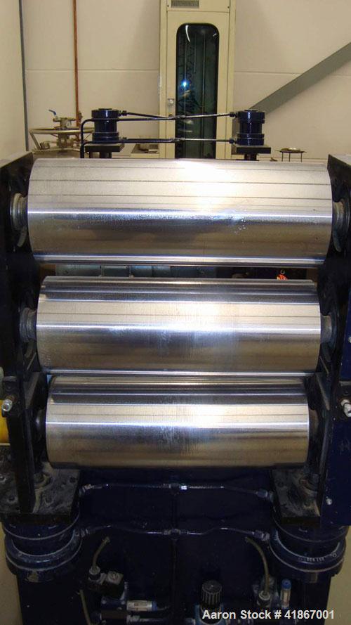 Used Leistriz Lab Size 3 Roll Sheet Stack. (3) 5.85" diameter x 15.6" straight side, 2 fixed and 1 removable chromed rolls, steam heated rolls. Includes downstream/haul-off. (2) Gearboxes driven by (...
