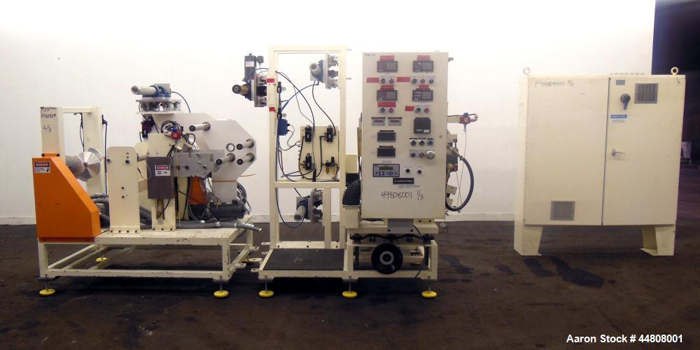 Used Leistritz Three Roll Sheet Stack. (3) Chrome plated cored rolls, 6" diameter 14" wide face. Each roll pneumatically adjustable, and driven by a 3/4 HP, 180 Volt, 1750 RPM DC gear motor, ratio 60...