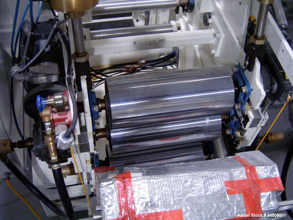 Used Leistritz Three Roll Sheet Stack. (3) Chrome plated cored rolls, 6" diameter 14" wide face. Each roll pneumatically adjustable, and driven by a 3/4 HP, 180 Volt, 1750 RPM DC gear motor, ratio 60...