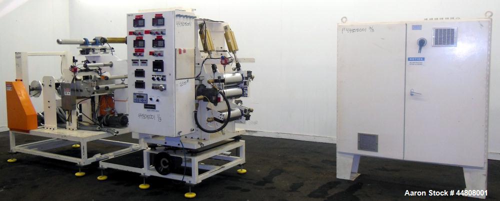 Used Leistritz Three Roll Sheet Stack. (3) Chrome plated cored rolls, 6" diameter 14" wide face. Each roll pneumatically adjustable, and driven by a 3/4 HP, 180 Volt, 1750 RPM DC gear motor, ratio 60...