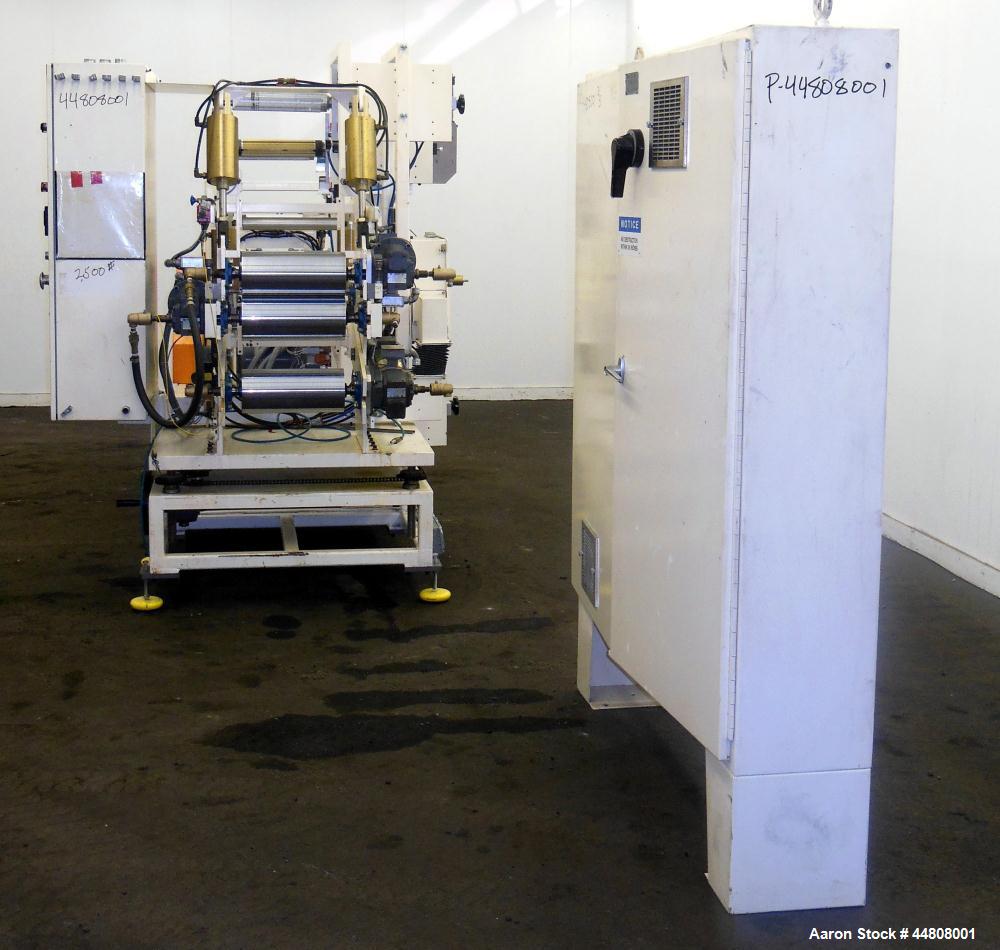 Used Leistritz Three Roll Sheet Stack. (3) Chrome plated cored rolls, 6" diameter 14" wide face. Each roll pneumatically adjustable, and driven by a 3/4 HP, 180 Volt, 1750 RPM DC gear motor, ratio 60...