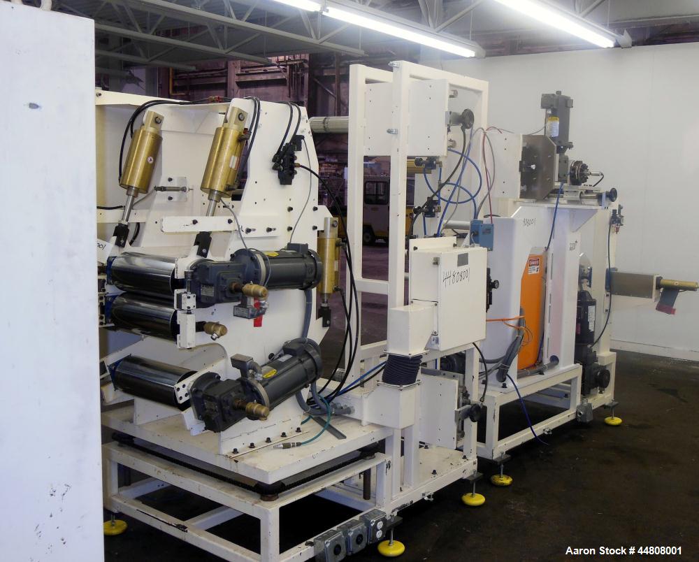 Used Leistritz Three Roll Sheet Stack. (3) Chrome plated cored rolls, 6" diameter 14" wide face. Each roll pneumatically adjustable, and driven by a 3/4 HP, 180 Volt, 1750 RPM DC gear motor, ratio 60...