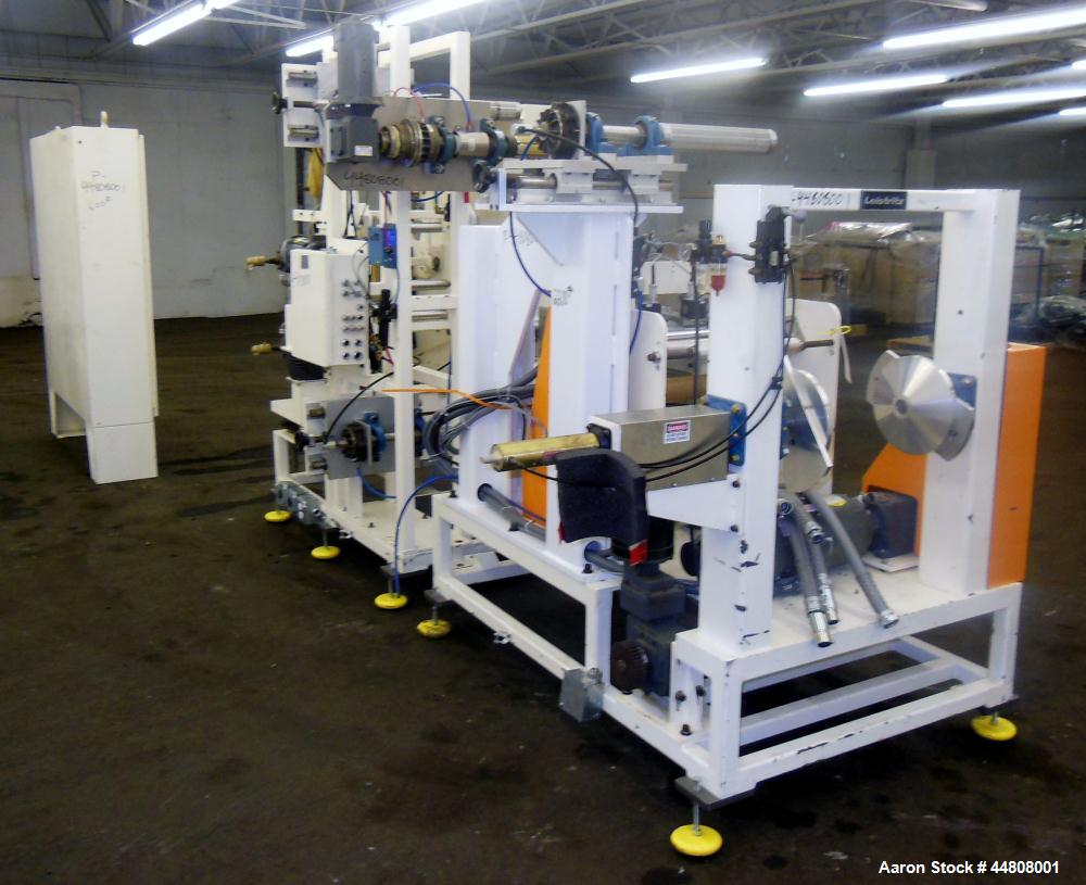 Used Leistritz Three Roll Sheet Stack. (3) Chrome plated cored rolls, 6" diameter 14" wide face. Each roll pneumatically adjustable, and driven by a 3/4 HP, 180 Volt, 1750 RPM DC gear motor, ratio 60...