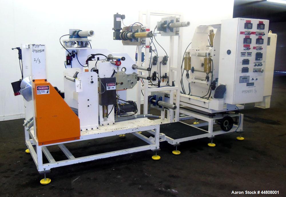 Used Leistritz Three Roll Sheet Stack. (3) Chrome plated cored rolls, 6" diameter 14" wide face. Each roll pneumatically adjustable, and driven by a 3/4 HP, 180 Volt, 1750 RPM DC gear motor, ratio 60...