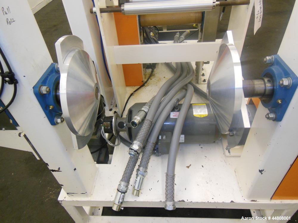 Used Leistritz Three Roll Sheet Stack. (3) Chrome plated cored rolls, 6" diameter 14" wide face. Each roll pneumatically adjustable, and driven by a 3/4 HP, 180 Volt, 1750 RPM DC gear motor, ratio 60...