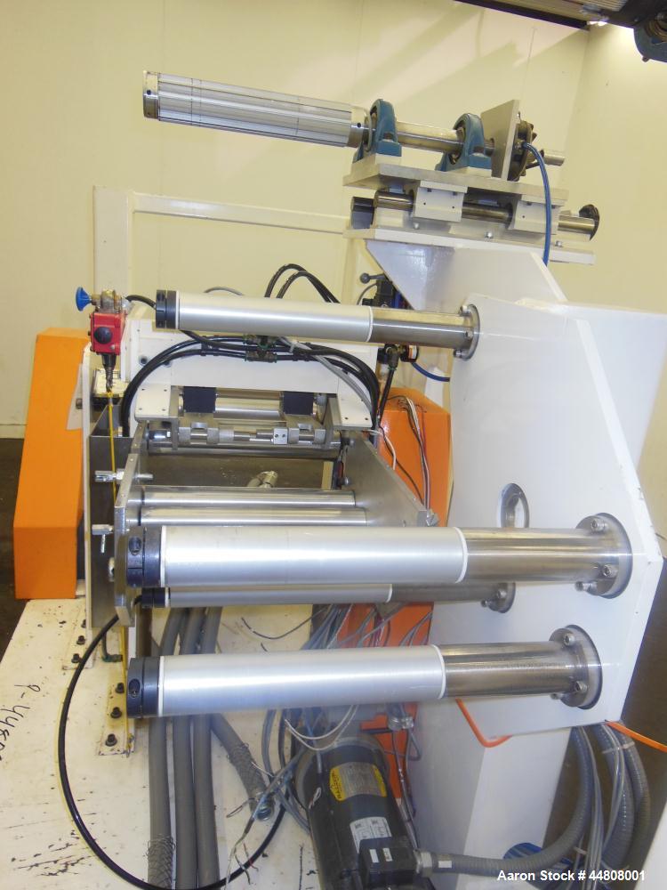 Used Leistritz Three Roll Sheet Stack. (3) Chrome plated cored rolls, 6" diameter 14" wide face. Each roll pneumatically adjustable, and driven by a 3/4 HP, 180 Volt, 1750 RPM DC gear motor, ratio 60...