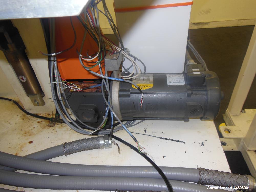 Used Leistritz Three Roll Sheet Stack. (3) Chrome plated cored rolls, 6" diameter 14" wide face. Each roll pneumatically adjustable, and driven by a 3/4 HP, 180 Volt, 1750 RPM DC gear motor, ratio 60...