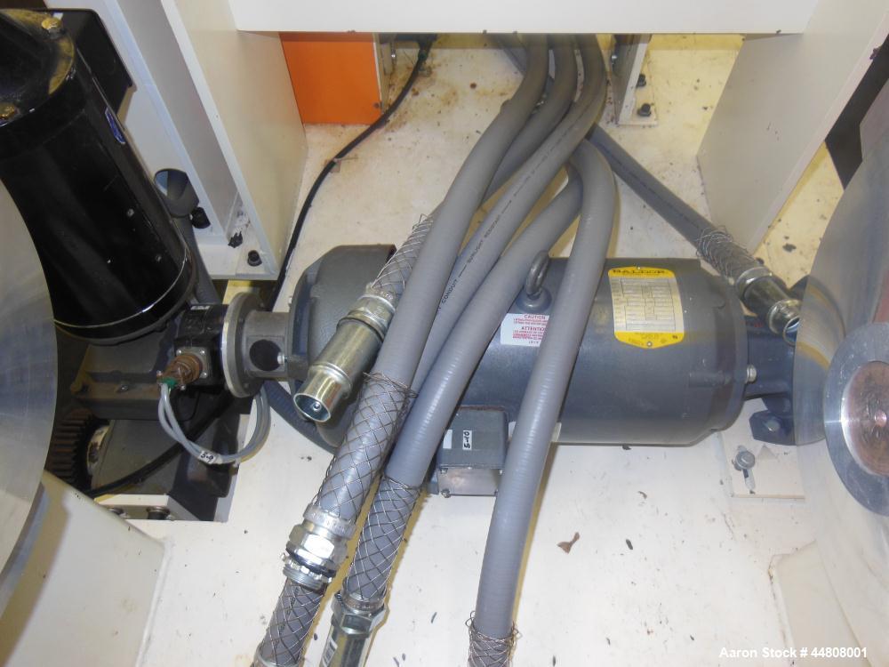 Used Leistritz Three Roll Sheet Stack. (3) Chrome plated cored rolls, 6" diameter 14" wide face. Each roll pneumatically adjustable, and driven by a 3/4 HP, 180 Volt, 1750 RPM DC gear motor, ratio 60...