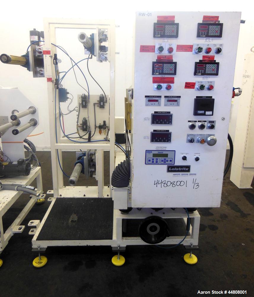 Used Leistritz Three Roll Sheet Stack. (3) Chrome plated cored rolls, 6" diameter 14" wide face. Each roll pneumatically adjustable, and driven by a 3/4 HP, 180 Volt, 1750 RPM DC gear motor, ratio 60...