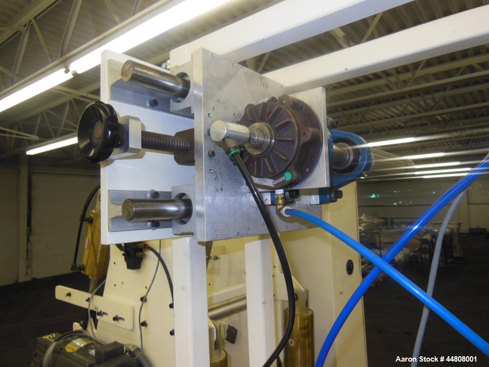 Used Leistritz Three Roll Sheet Stack. (3) Chrome plated cored rolls, 6" diameter 14" wide face. Each roll pneumatically adjustable, and driven by a 3/4 HP, 180 Volt, 1750 RPM DC gear motor, ratio 60...