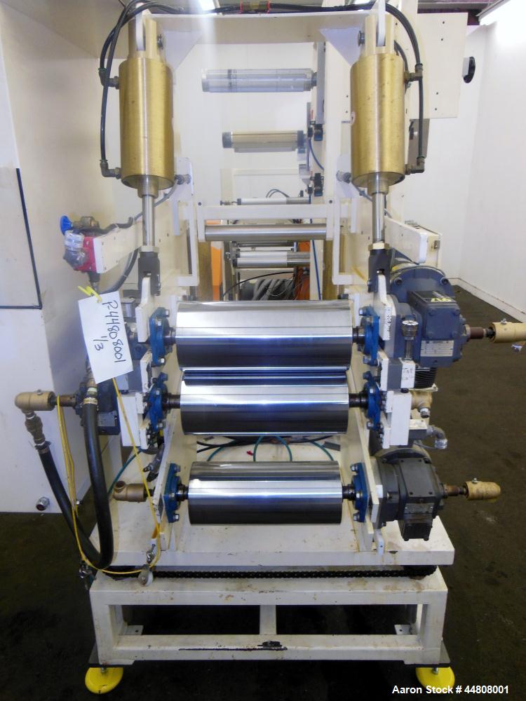 Used Leistritz Three Roll Sheet Stack. (3) Chrome plated cored rolls, 6" diameter 14" wide face. Each roll pneumatically adjustable, and driven by a 3/4 HP, 180 Volt, 1750 RPM DC gear motor, ratio 60...
