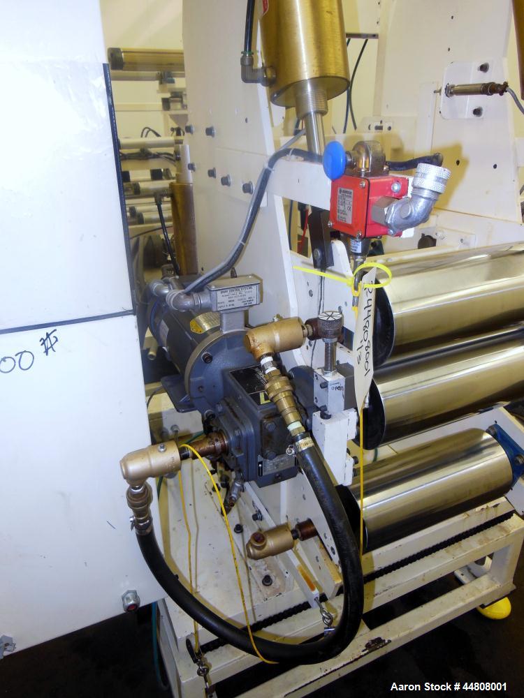 Used Leistritz Three Roll Sheet Stack. (3) Chrome plated cored rolls, 6" diameter 14" wide face. Each roll pneumatically adjustable, and driven by a 3/4 HP, 180 Volt, 1750 RPM DC gear motor, ratio 60...
