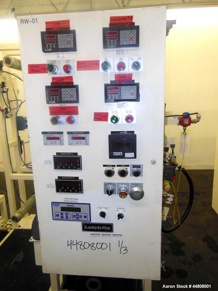 Used Leistritz Three Roll Sheet Stack. (3) Chrome plated cored rolls, 6" diameter 14" wide face. Each roll pneumatically adjustable, and driven by a 3/4 HP, 180 Volt, 1750 RPM DC gear motor, ratio 60...