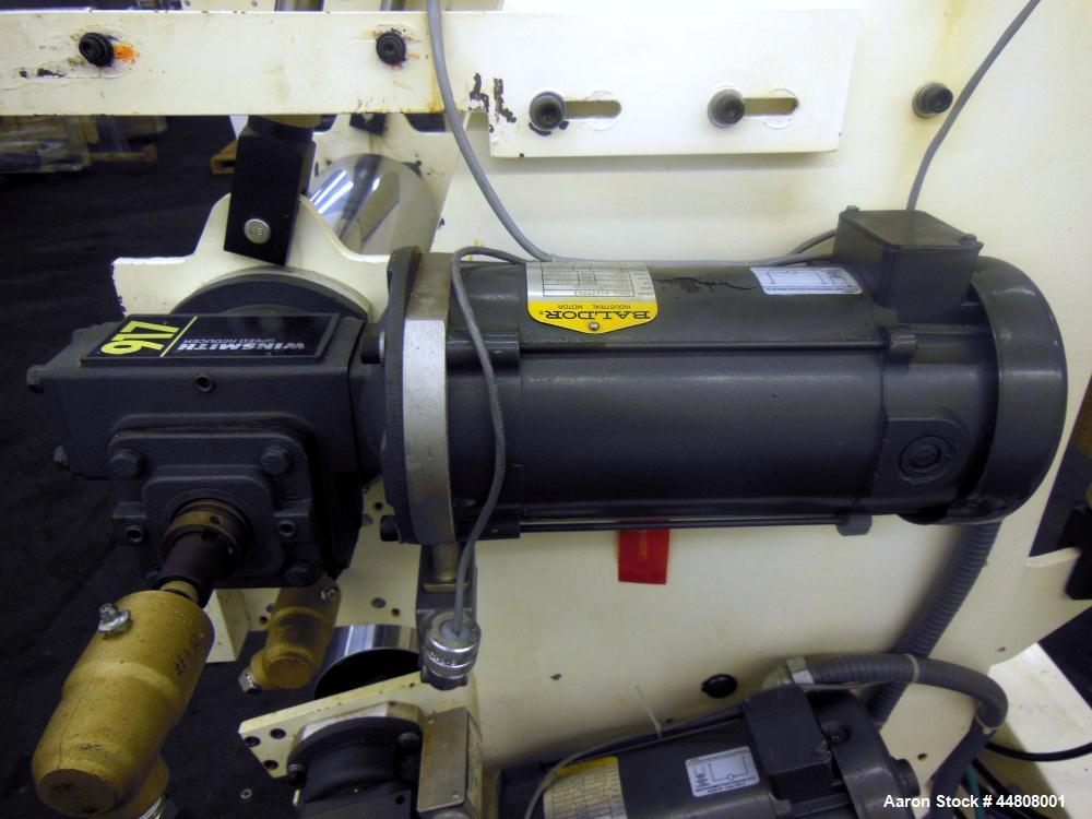 Used Leistritz Three Roll Sheet Stack. (3) Chrome plated cored rolls, 6" diameter 14" wide face. Each roll pneumatically adjustable, and driven by a 3/4 HP, 180 Volt, 1750 RPM DC gear motor, ratio 60...