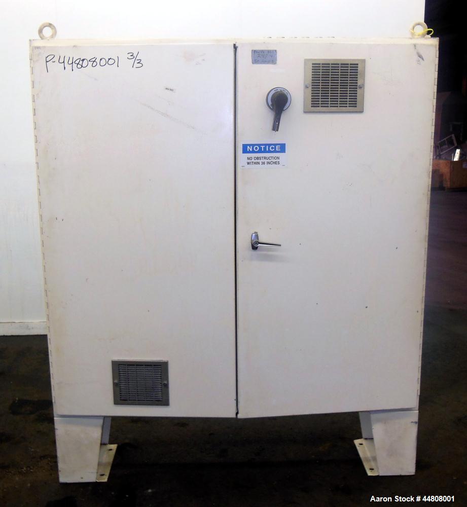 Used Leistritz Three Roll Sheet Stack. (3) Chrome plated cored rolls, 6" diameter 14" wide face. Each roll pneumatically adjustable, and driven by a 3/4 HP, 180 Volt, 1750 RPM DC gear motor, ratio 60...