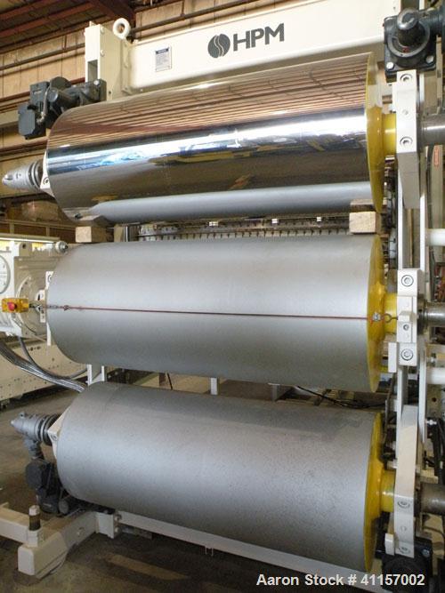 Used HPM Sheet Take Off System consisting of: (1) HPM Sheetmaster III 3 roll sheet stack, rated speed range 20 feet per minute maximum, 71" track centerline. (3) 23.587" diameter x 54" wide cored rol...
