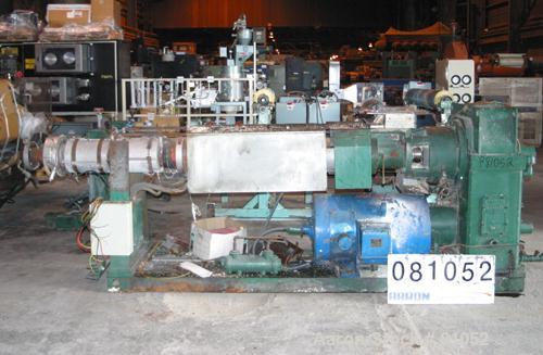 USED:NRM 43" sheet line consisting of (1) NRM/Bridge 4-1/2" single screw extruder, 30:1 L/D ratio. 6 zone, non-vented barrel. Electric- ally heated, water cooled (no system). Water cooled feed throat...