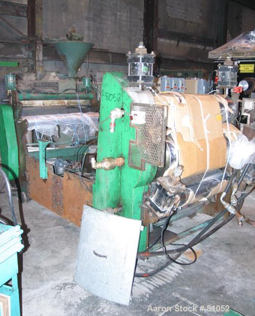 USED:NRM 43" sheet line consisting of (1) NRM/Bridge 4-1/2" single screw extruder, 30:1 L/D ratio. 6 zone, non-vented barrel. Electric- ally heated, water cooled (no system). Water cooled feed throat...