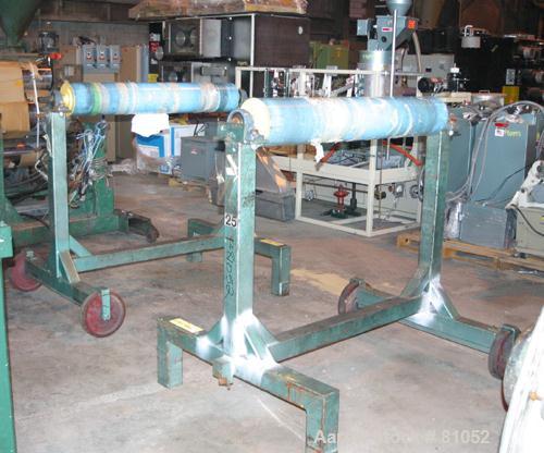 USED:NRM 43" sheet line consisting of (1) NRM/Bridge 4-1/2" single screw extruder, 30:1 L/D ratio. 6 zone, non-vented barrel. Electric- ally heated, water cooled (no system). Water cooled feed throat...
