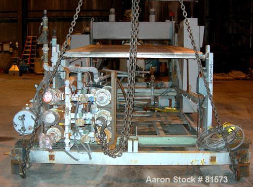 USED: NRM 78" wide 3 roll sheet stack. (1) 16" diameter pattern cored roll, (2) 16" diameter chrome cored rolls, manually adjustable. Driven by a 5 hp, 180 volt DC motor with reducers. Frame mounted ...
