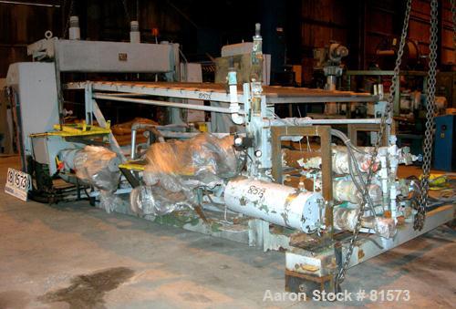 USED: NRM 78" wide 3 roll sheet stack. (1) 16" diameter pattern cored roll, (2) 16" diameter chrome cored rolls, manually adjustable. Driven by a 5 hp, 180 volt DC motor with reducers. Frame mounted ...