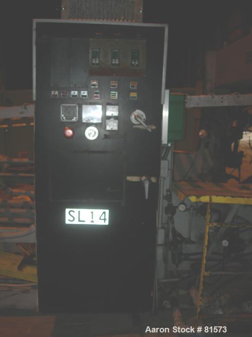 USED: NRM 78" wide 3 roll sheet stack. (1) 16" diameter pattern cored roll, (2) 16" diameter chrome cored rolls, manually adjustable. Driven by a 5 hp, 180 volt DC motor with reducers. Frame mounted ...