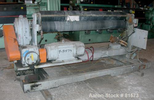 USED: NRM 78" wide 3 roll sheet stack. (1) 16" diameter pattern cored roll, (2) 16" diameter chrome cored rolls, manually adjustable. Driven by a 5 hp, 180 volt DC motor with reducers. Frame mounted ...