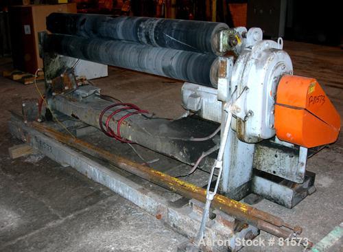 USED: NRM 78" wide 3 roll sheet stack. (1) 16" diameter pattern cored roll, (2) 16" diameter chrome cored rolls, manually adjustable. Driven by a 5 hp, 180 volt DC motor with reducers. Frame mounted ...