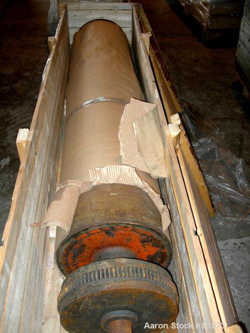 USED: NRM 78" wide 3 roll sheet stack. (1) 16" diameter pattern cored roll, (2) 16" diameter chrome cored rolls, manually adjustable. Driven by a 5 hp, 180 volt DC motor with reducers. Frame mounted ...