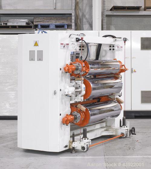 Used OMV Sheet Extrusion Line Consisting Of: (1) OMV 80mm (3.14”) single screw extruder, model D80AR+GP+CAL/TRA, approximate 32 to 1 L/D ratio. Electrically heated, water cooled 6 zone non-vented bar...