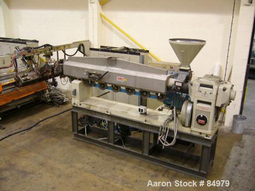 Used 2000 mm Omipa Coex Sheet Line. 120 mm extruder, gear pump, coextruder, coex block, fastgap die, 2000 mm (78.74") Omipa 3 roll inclined stack, conveyor, haul off. 120 mm (4.72") Omipa model OM120...