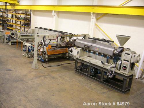 Used 2000 mm Omipa Coex Sheet Line. 120 mm extruder, gear pump, coextruder, coex block, fastgap die, 2000 mm (78.74") Omipa 3 roll inclined stack, conveyor, haul off. 120 mm (4.72") Omipa model OM120...