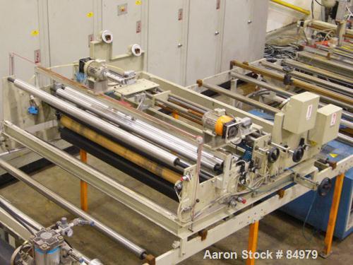 Used 2000 mm Omipa Coex Sheet Line. 120 mm extruder, gear pump, coextruder, coex block, fastgap die, 2000 mm (78.74") Omipa 3 roll inclined stack, conveyor, haul off. 120 mm (4.72") Omipa model OM120...