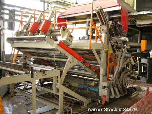 Used 2000 mm Omipa Coex Sheet Line. 120 mm extruder, gear pump, coextruder, coex block, fastgap die, 2000 mm (78.74") Omipa 3 roll inclined stack, conveyor, haul off. 120 mm (4.72") Omipa model OM120...