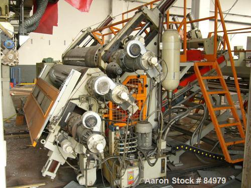 Used 2000 mm Omipa Coex Sheet Line. 120 mm extruder, gear pump, coextruder, coex block, fastgap die, 2000 mm (78.74") Omipa 3 roll inclined stack, conveyor, haul off. 120 mm (4.72") Omipa model OM120...