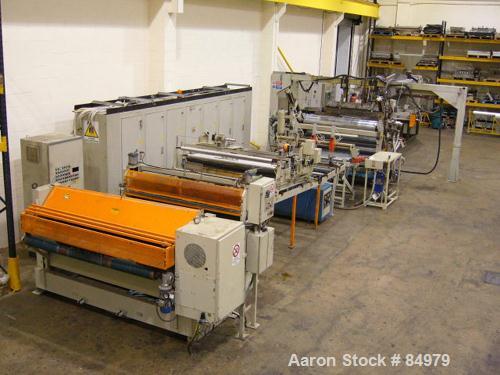 Used 2000 mm Omipa Coex Sheet Line. 120 mm extruder, gear pump, coextruder, coex block, fastgap die, 2000 mm (78.74") Omipa 3 roll inclined stack, conveyor, haul off. 120 mm (4.72") Omipa model OM120...