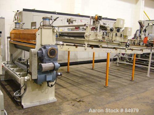 Used 2000 mm Omipa Coex Sheet Line. 120 mm extruder, gear pump, coextruder, coex block, fastgap die, 2000 mm (78.74") Omipa 3 roll inclined stack, conveyor, haul off. 120 mm (4.72") Omipa model OM120...