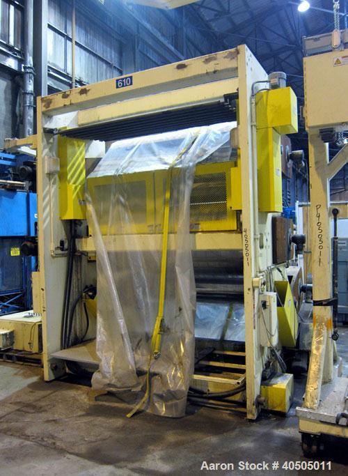 Used PTI Model J842440 Chrome Roll Sheet Take-Off. J-Stack design. 84” Wide, (3) chrome rolls, lower roll 24” diameter, center and top roll are 40” diameter. Each roll driven by a 3hp, 3/60/230/460 v...
