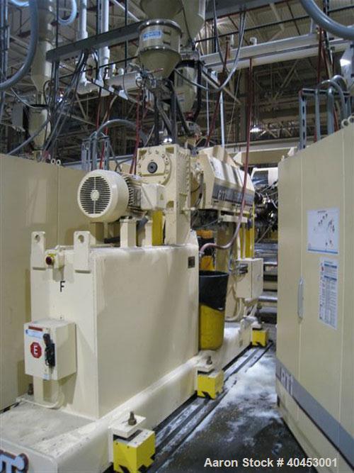 Used PTI (2004) Multi-Layer Sheet Extrusion Line including the following: A) (1) Used PTI model 6000 Trident series 6", 28:1 extruder having a 7-zone electrically heated, air cooled barrel at approxi...